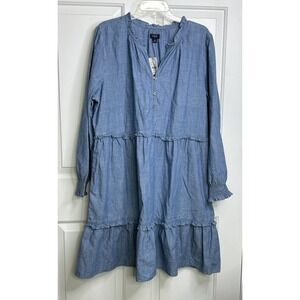 J. Crew Chambray Mini Dress Women's 18 V Neck Long Sleeve Pockets Blue NWT